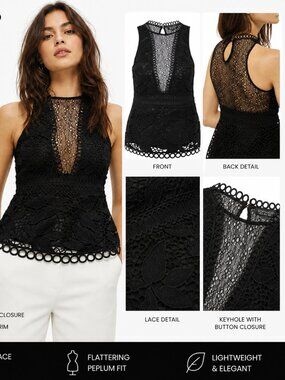 Top Shop Black Lace Peplum Women Top US Size 6 Fits Like a US 2-4